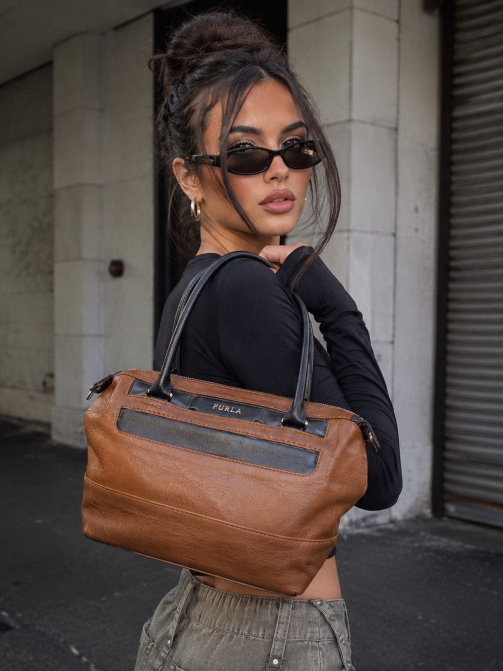 Furla Pebbled Leather Satchel Cognac Brown Black Colorblock Bowling Tote Bag Y2K
